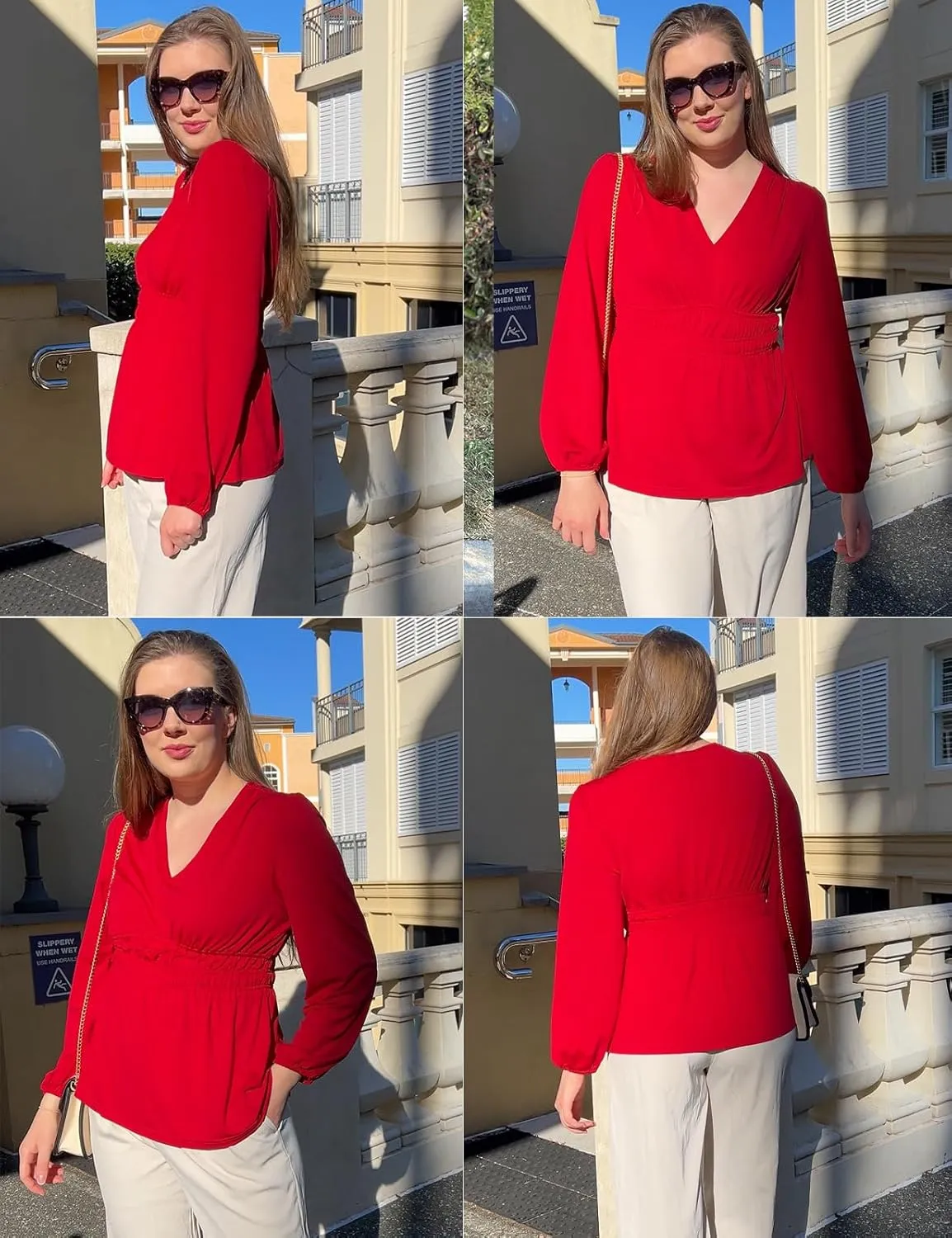 JASAMBAC Women's Elegant V Neck Peplum Tops Shirred Elastic Waist Long Sleeve Shirts Wrap Casual Business Work Blouses