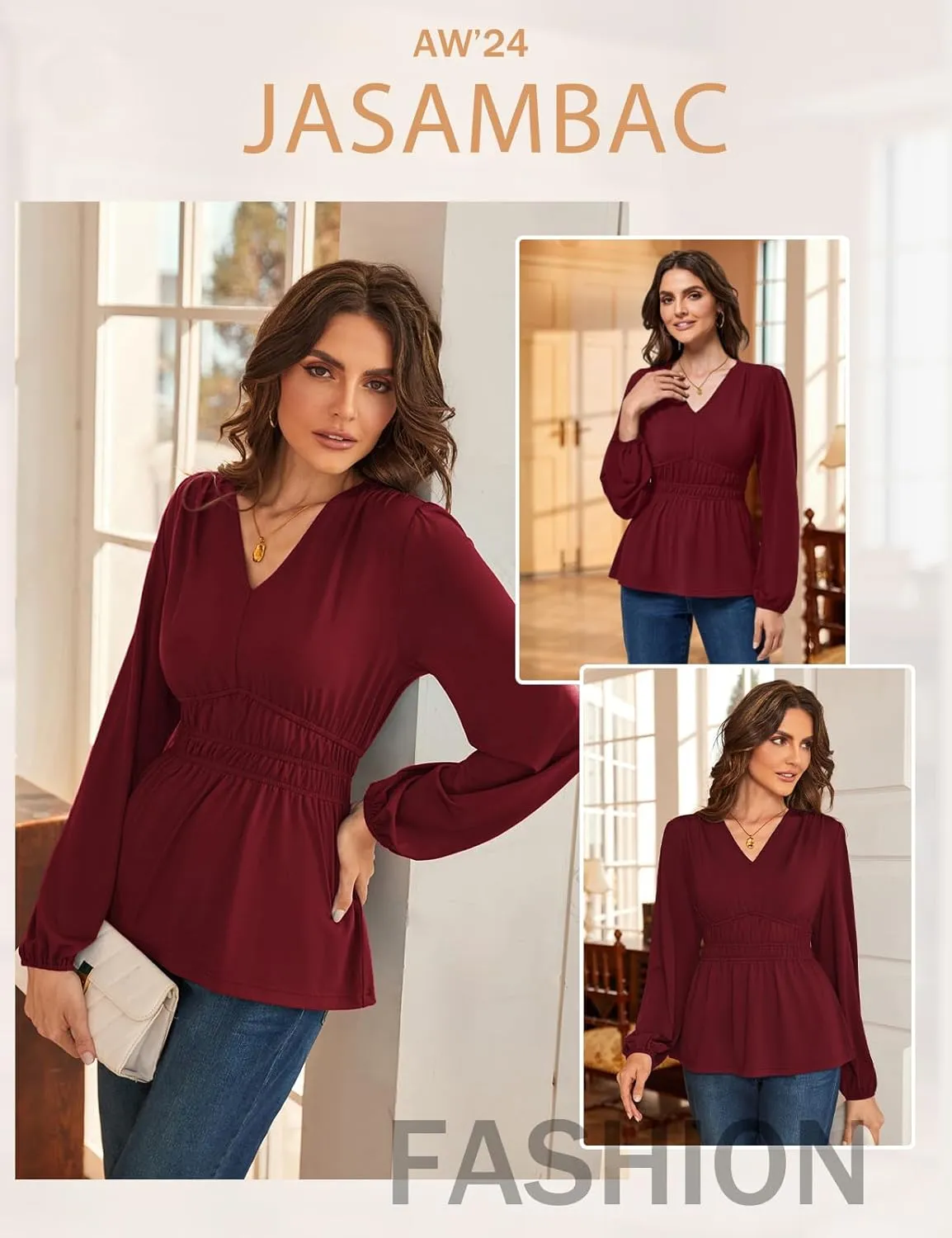 JASAMBAC Women's Elegant V Neck Peplum Tops Shirred Elastic Waist Long Sleeve Shirts Wrap Casual Business Work Blouses