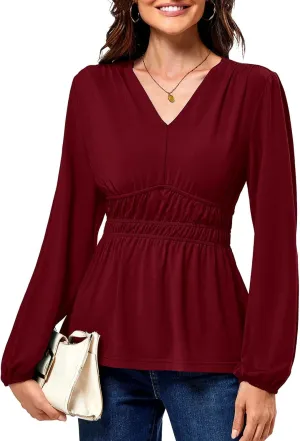 JASAMBAC Women's Elegant V Neck Peplum Tops Shirred Elastic Waist Long Sleeve Shirts Wrap Casual Business Work Blouses