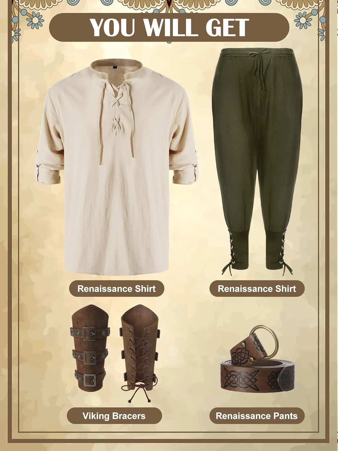 Jiuguva 4 Pcs Halloween Men's Renaissance Costume Set Medieval Pirate Shirt Ankle Banded Pants Viking Belt Accessories