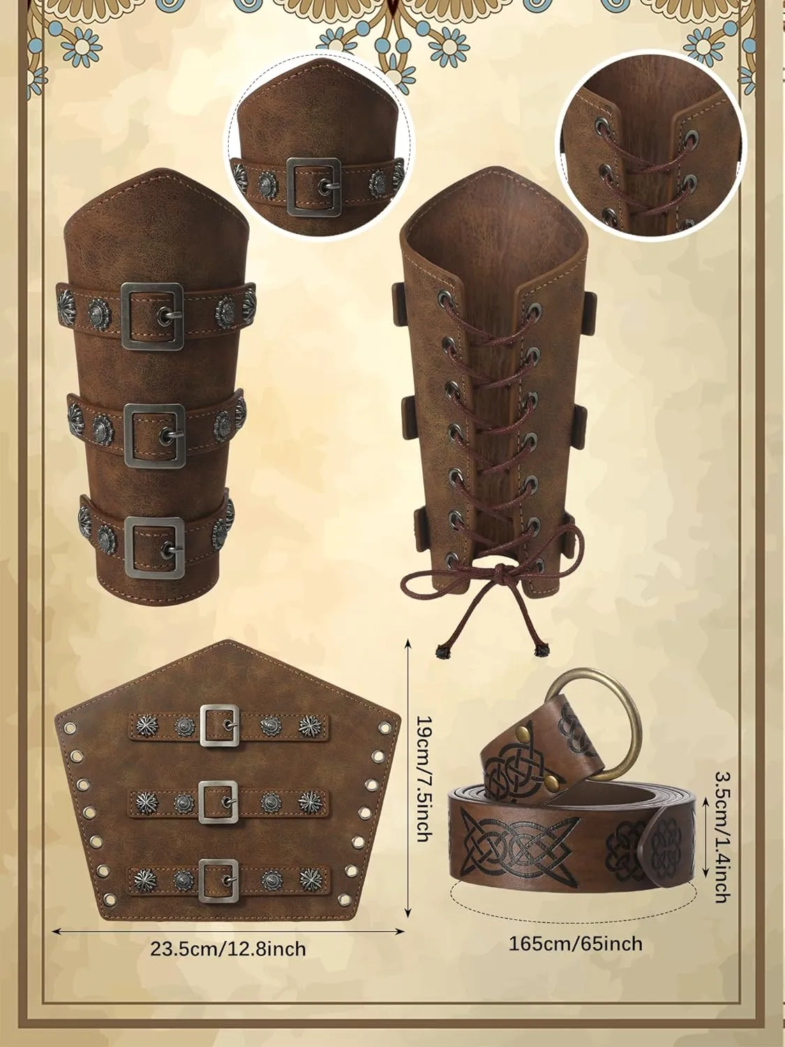 Jiuguva 4 Pcs Halloween Men's Renaissance Costume Set Medieval Pirate Shirt Ankle Banded Pants Viking Belt Accessories