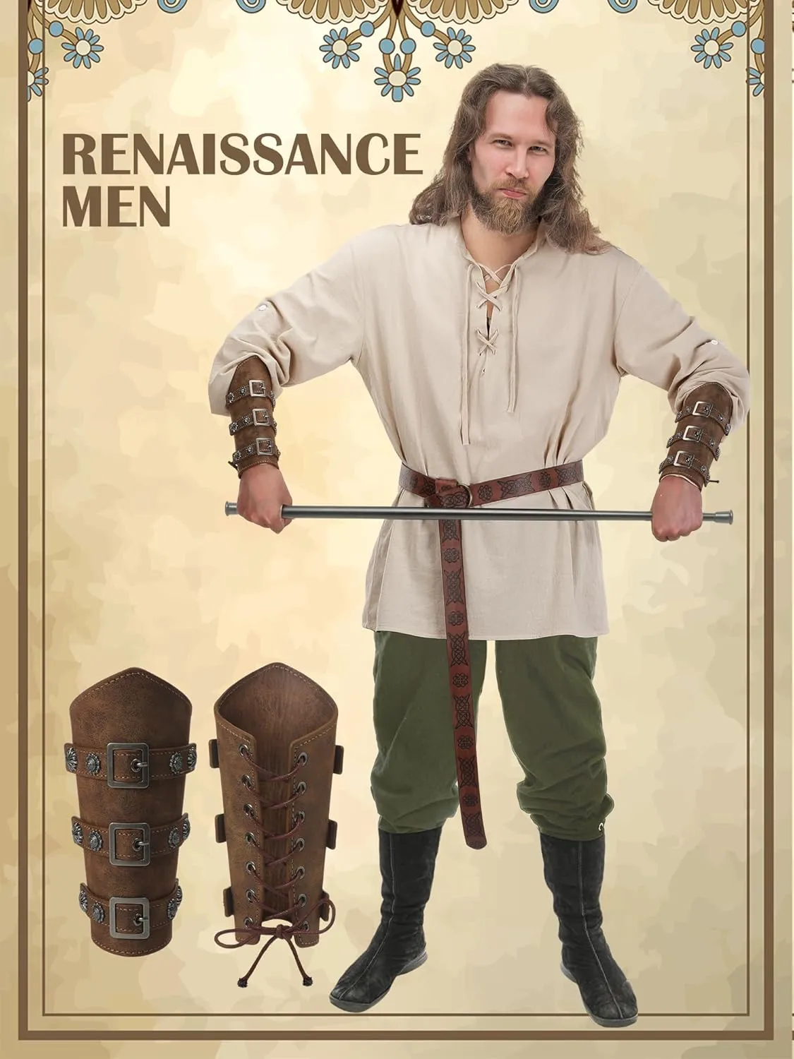Jiuguva 4 Pcs Halloween Men's Renaissance Costume Set Medieval Pirate Shirt Ankle Banded Pants Viking Belt Accessories