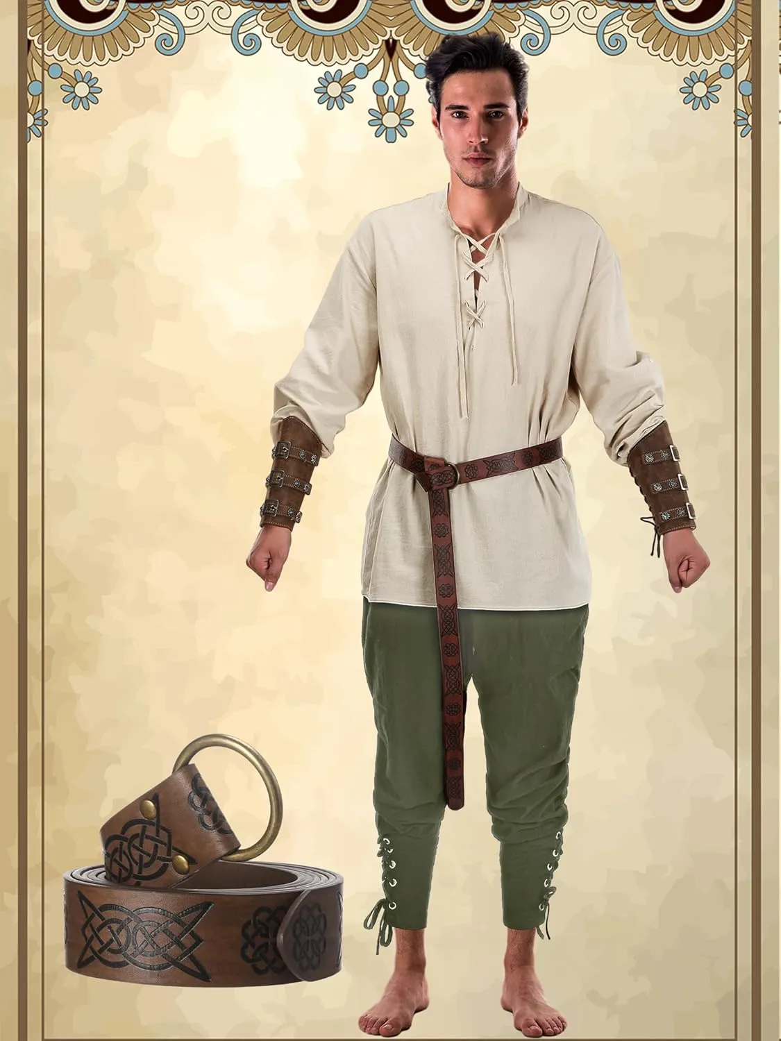 Jiuguva 4 Pcs Halloween Men's Renaissance Costume Set Medieval Pirate Shirt Ankle Banded Pants Viking Belt Accessories