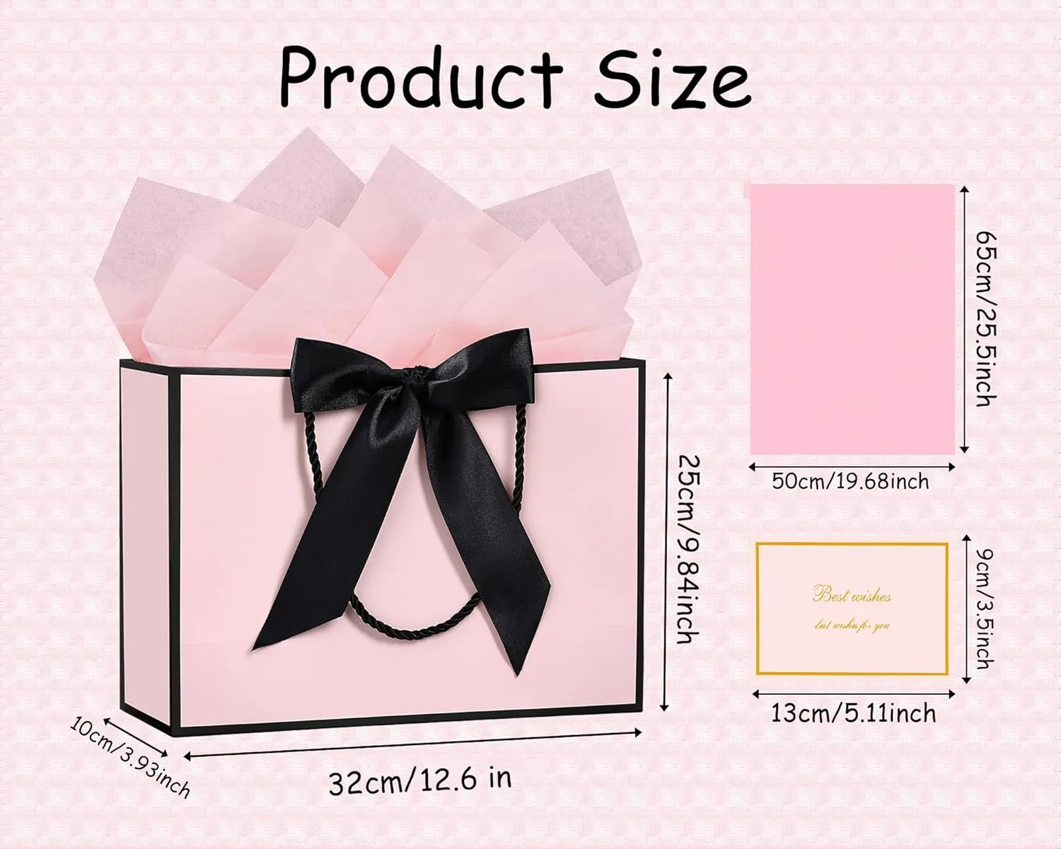 JMANNI Gift Bags, Large Gift Bags, 1Pcs Paper Gift Bag with 2 Tissue Paper and 1 Greeting Cards, Present Bags with Handles for Women Girls Bridesmaid Birthday Valentines Wedding Party (Black-Pink)