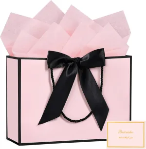 JMANNI Gift Bags, Large Gift Bags, 1Pcs Paper Gift Bag with 2 Tissue Paper and 1 Greeting Cards, Present Bags with Handles for Women Girls Bridesmaid Birthday Valentines Wedding Party (Black-Pink)