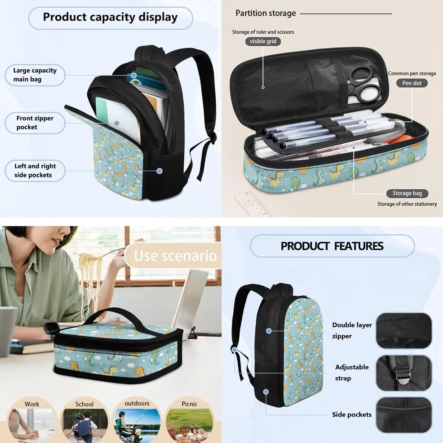 JoyLamoria Dinosaur Print Insulated Lunch Box Laptop Backpack Pencil Case 3 Pack Cooler Bag Messenger Bag Accessories