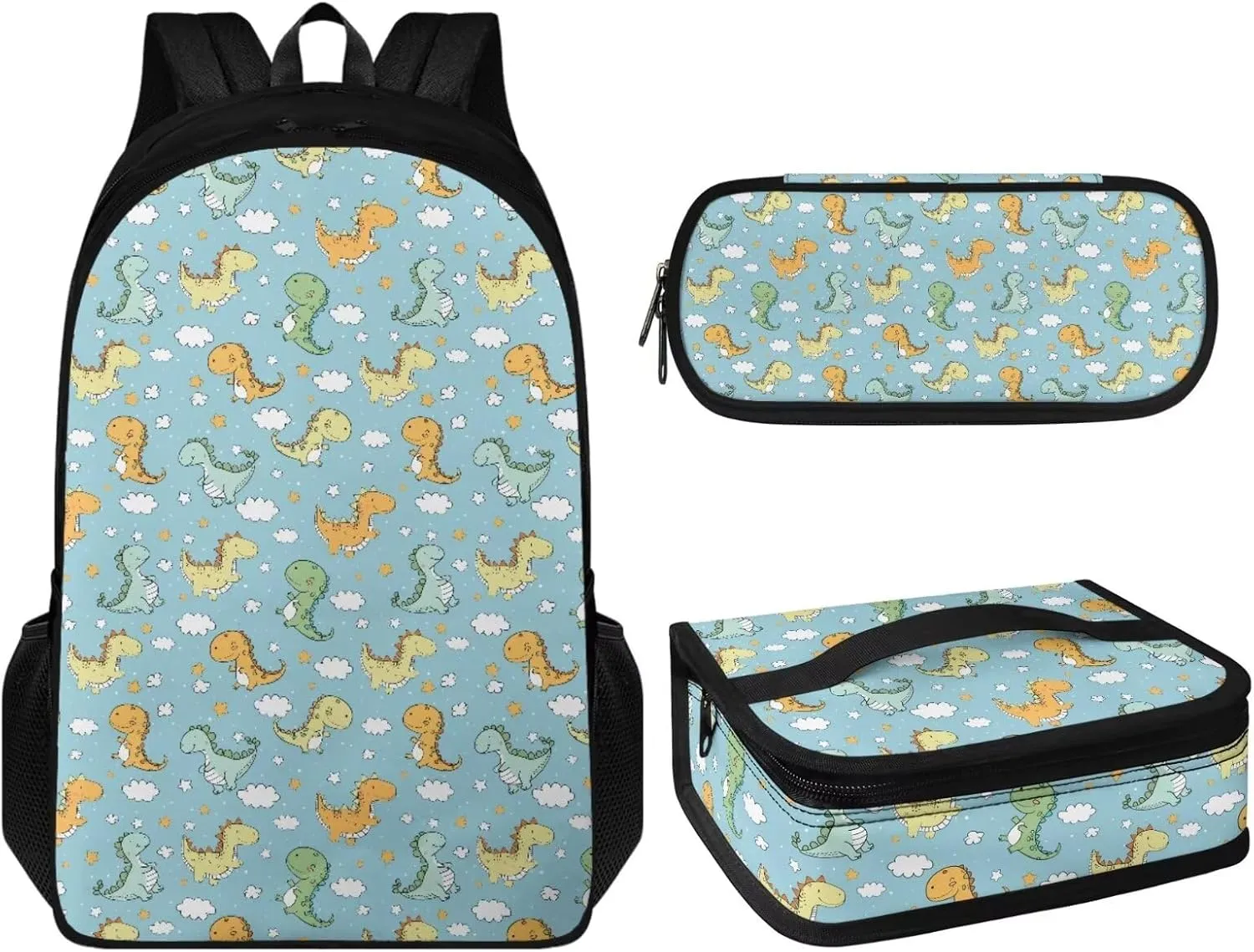 JoyLamoria Dinosaur Print Insulated Lunch Box Laptop Backpack Pencil Case 3 Pack Cooler Bag Messenger Bag Accessories