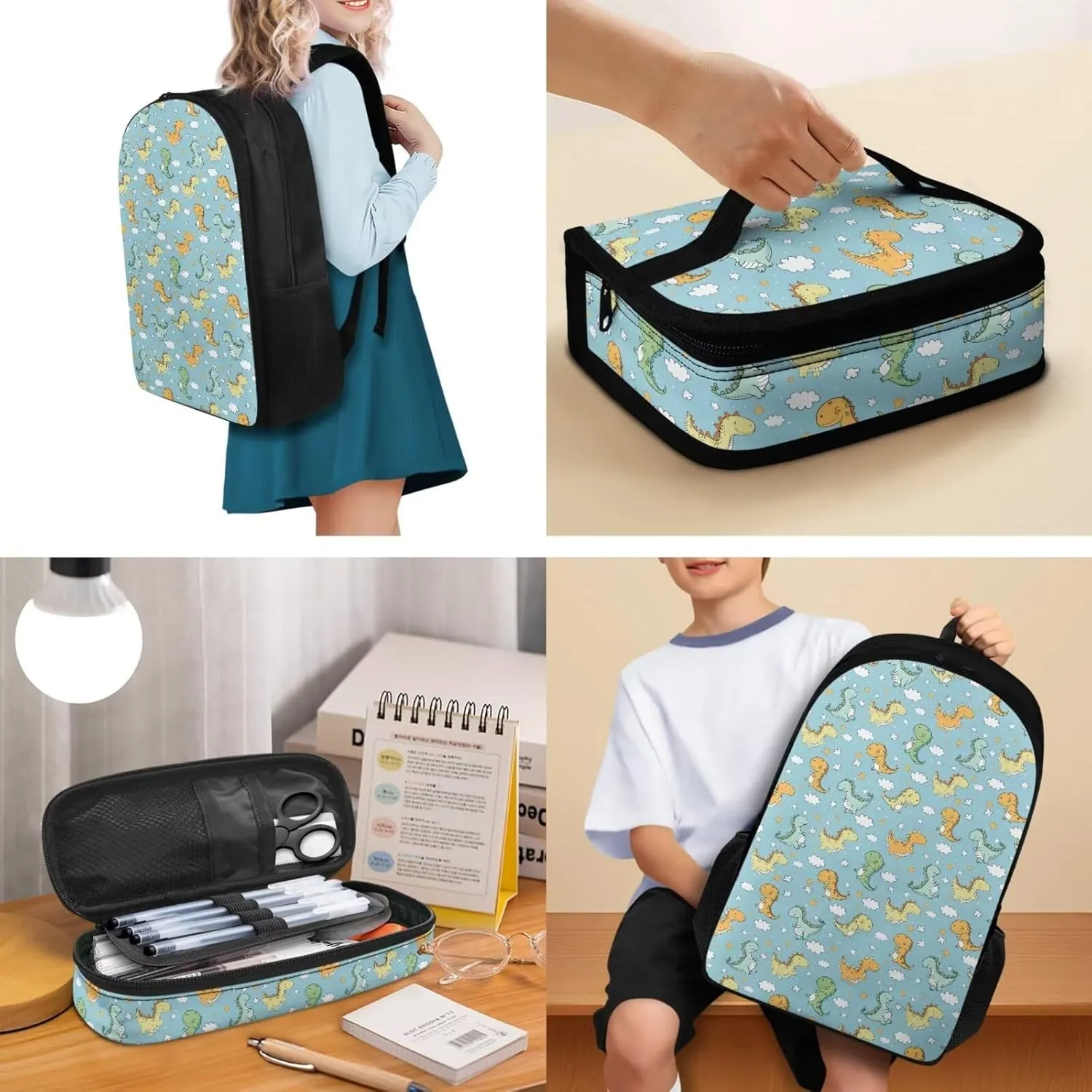 JoyLamoria Dinosaur Print Insulated Lunch Box Laptop Backpack Pencil Case 3 Pack Cooler Bag Messenger Bag Accessories