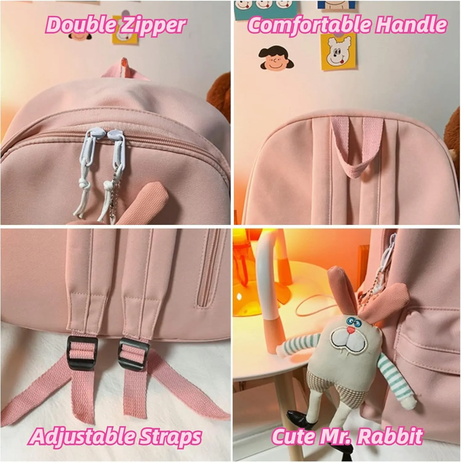 Kawaii Cute Aesthetic School Laptop Backpack with Accessories Plush Pendant for Teen Girls (White, without Mr. Rabbit)
