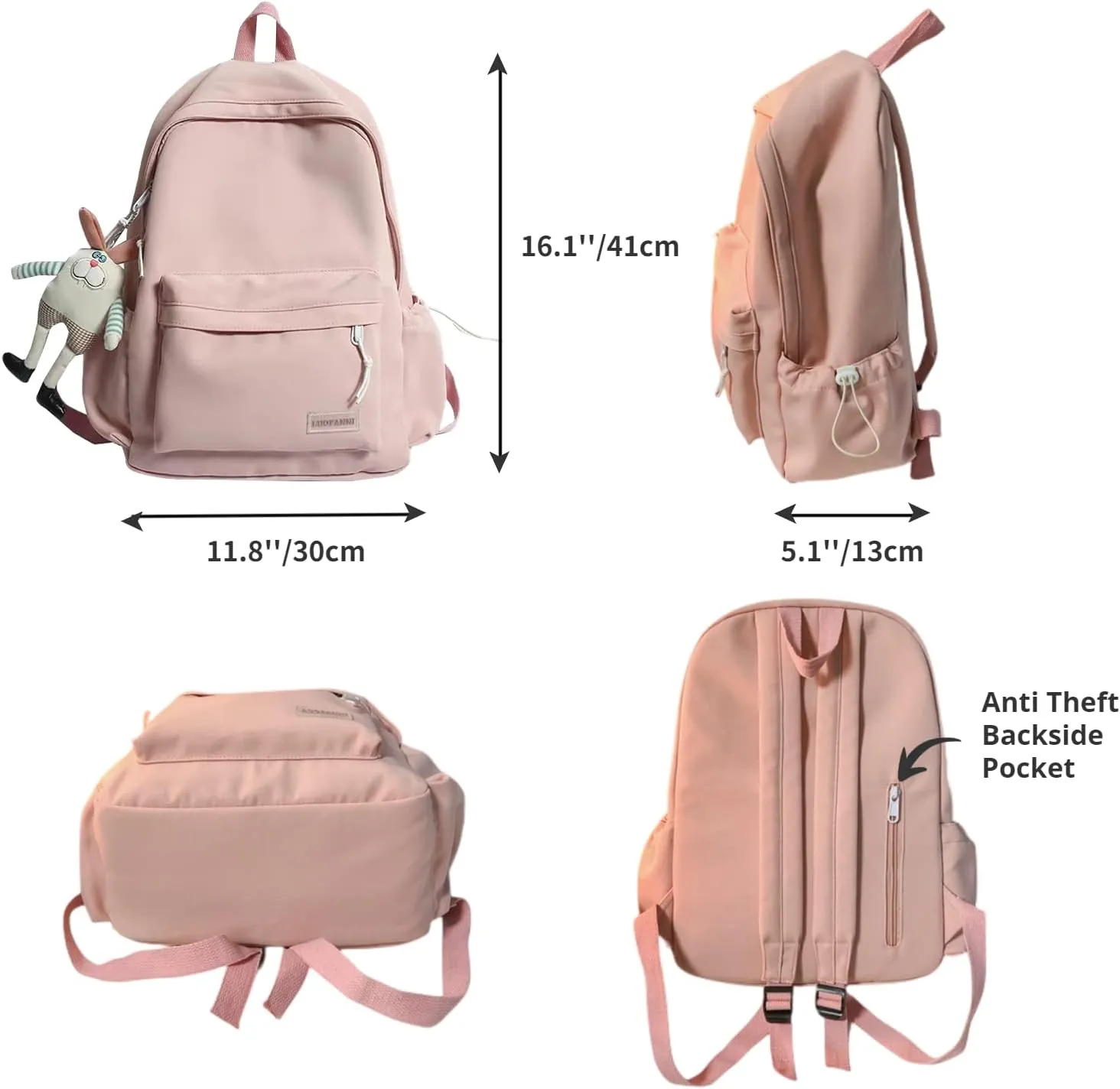 Kawaii Cute Aesthetic School Laptop Backpack with Accessories Plush Pendant for Teen Girls (White, without Mr. Rabbit)