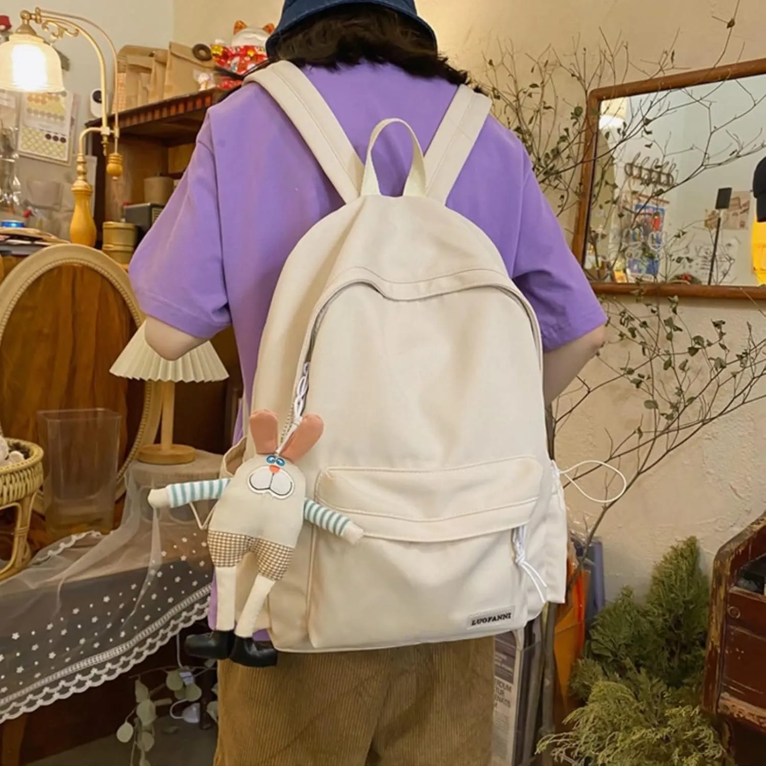 Kawaii Cute Aesthetic School Laptop Backpack with Accessories Plush Pendant for Teen Girls (White, without Mr. Rabbit)