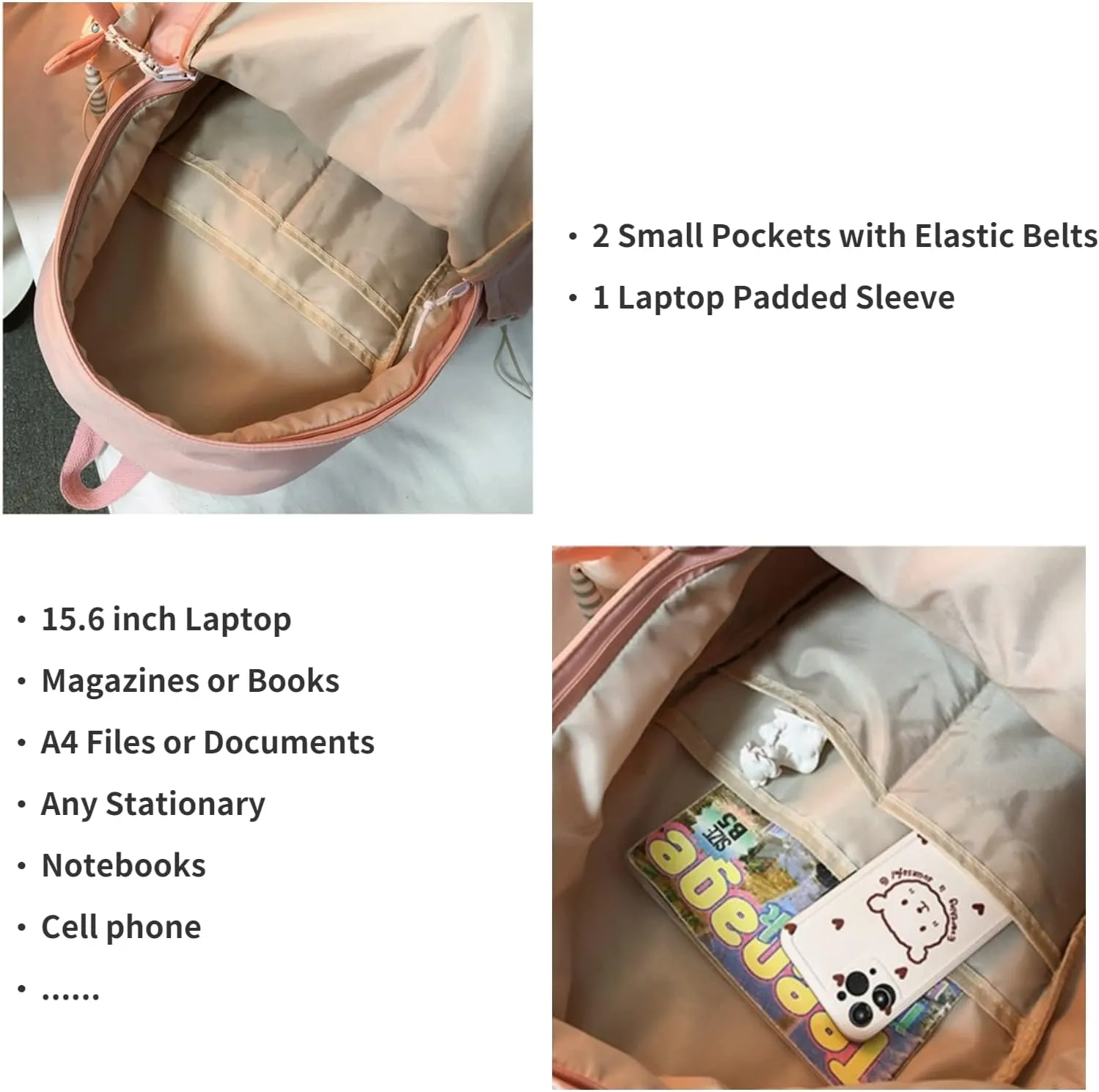 Kawaii Cute Aesthetic School Laptop Backpack with Accessories Plush Pendant for Teen Girls (White, without Mr. Rabbit)