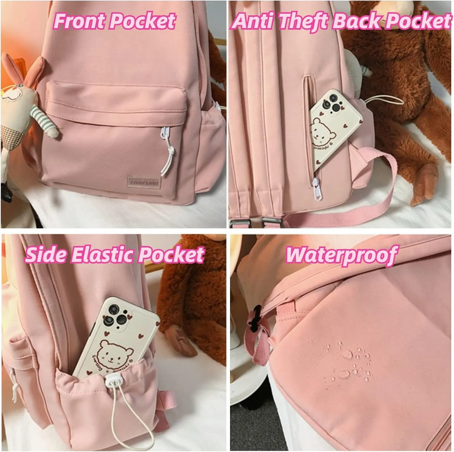 Kawaii Cute Aesthetic School Laptop Backpack with Accessories Plush Pendant for Teen Girls (White, without Mr. Rabbit)