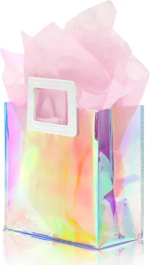 KeerxunBag 1 Pack Holographic Gift Bags with Handles & 2 Tissue Paper Sheets  Iridescent Transparent Reusable Bags for Women, Girls, Birthdays, WeddingsPink Gift Bag