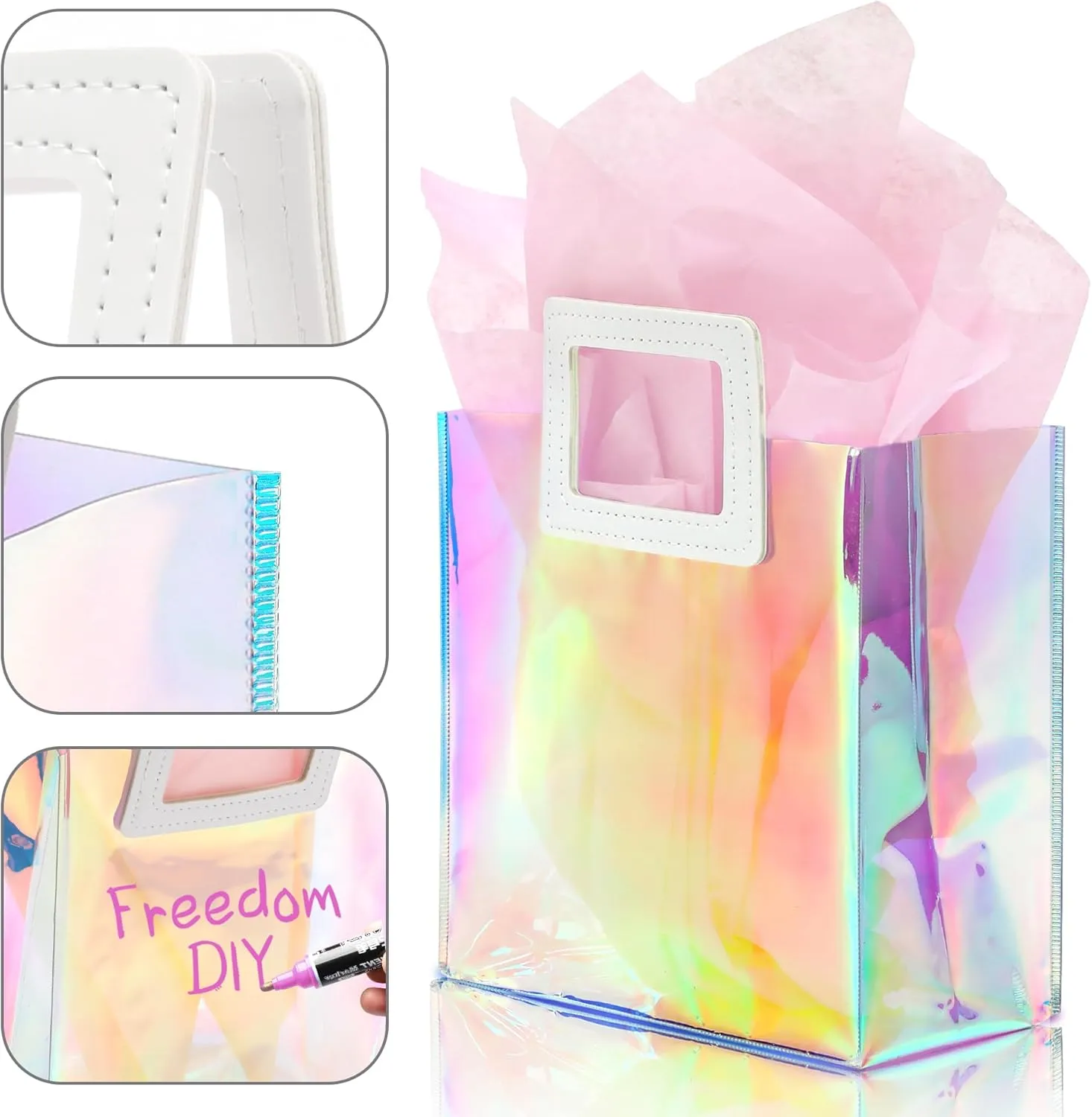 KeerxunBag 1 Pack Holographic Gift Bags with Handles & 2 Tissue Paper Sheets  Iridescent Transparent Reusable Bags for Women, Girls, Birthdays, WeddingsPink Gift Bag