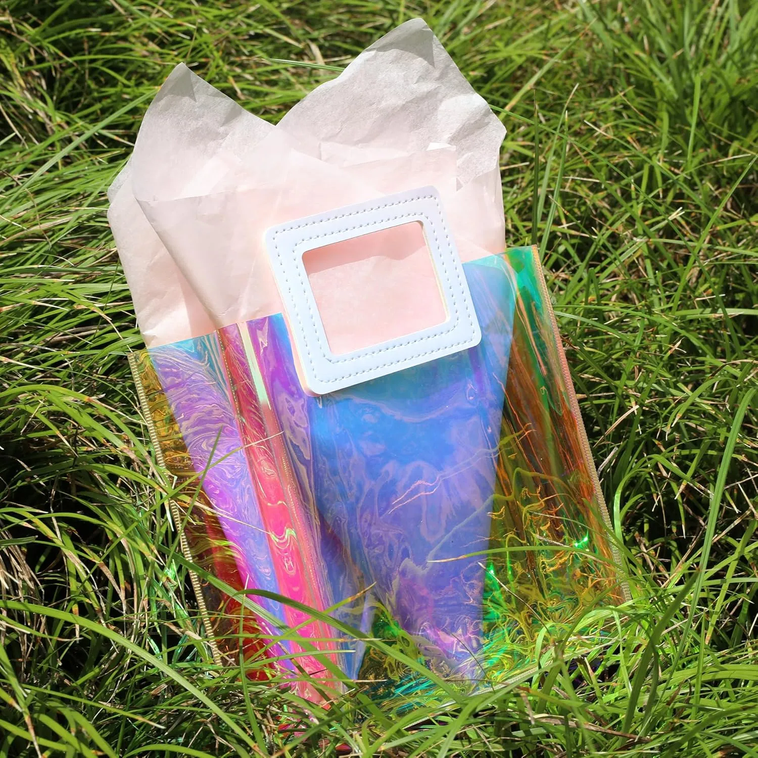 KeerxunBag 1 Pack Holographic Gift Bags with Handles & 2 Tissue Paper Sheets  Iridescent Transparent Reusable Bags for Women, Girls, Birthdays, WeddingsPink Gift Bag