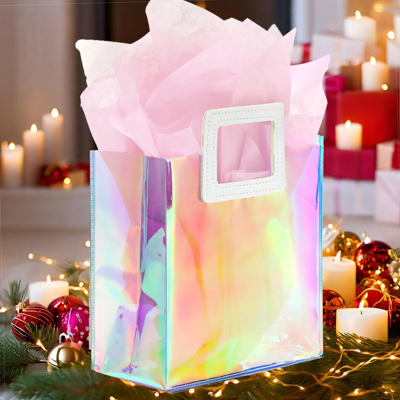 KeerxunBag 1 Pack Holographic Gift Bags with Handles & 2 Tissue Paper Sheets  Iridescent Transparent Reusable Bags for Women, Girls, Birthdays, WeddingsPink Gift Bag