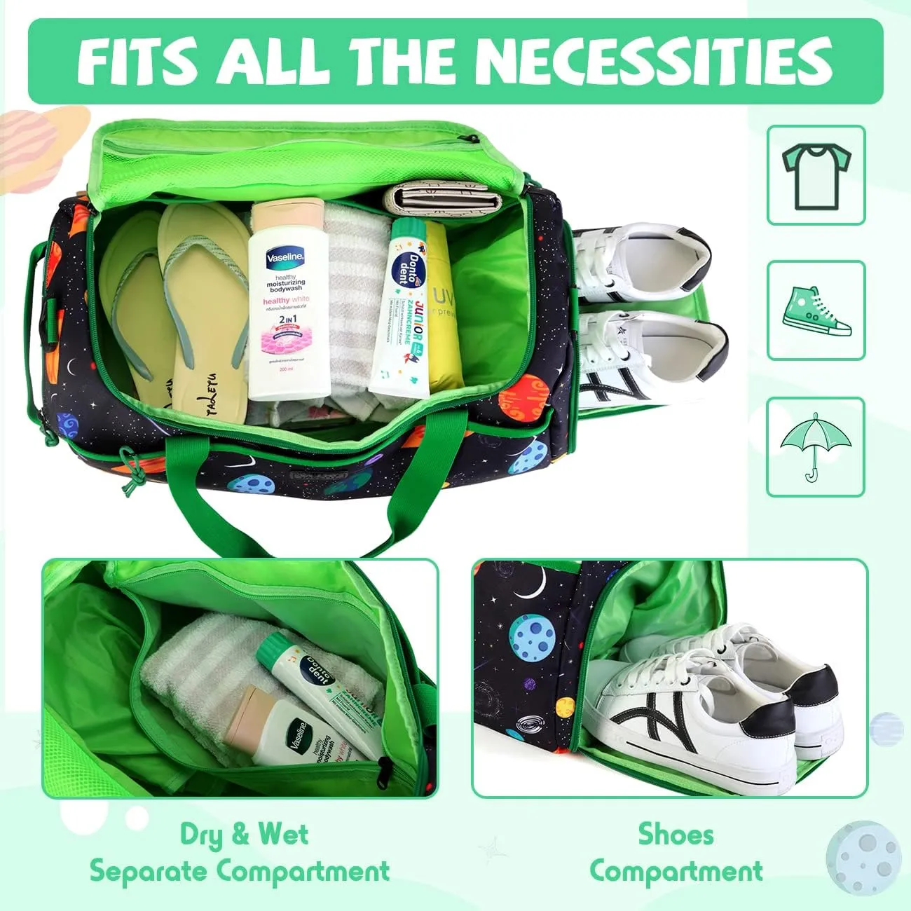Kids Duffle Bag,VASCHY Travel Bag for Boys Water Resistant Overnight Duffle Gym Sport Dance Bags with Shoes Compartment Dry and Wet Pocket Carry On Weekender Bag Green Space