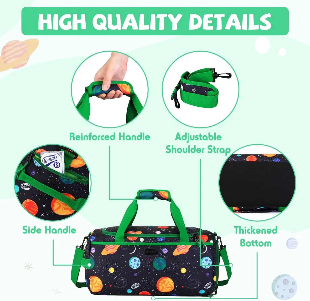 Kids Duffle Bag,VASCHY Travel Bag for Boys Water Resistant Overnight Duffle Gym Sport Dance Bags with Shoes Compartment Dry and Wet Pocket Carry On Weekender Bag Green Space