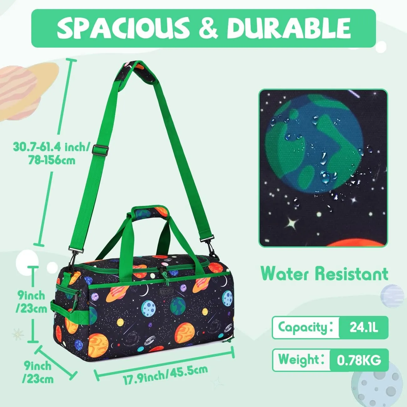 Kids Duffle Bag,VASCHY Travel Bag for Boys Water Resistant Overnight Duffle Gym Sport Dance Bags with Shoes Compartment Dry and Wet Pocket Carry On Weekender Bag Green Space