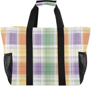Kigai Colorful Plaid Reusable Grocery Bag with Handles Waterproof Foldable Extra Large Tote Shopping Bag Standing Organizer for Picnics, Beach, Pool, Laundry, Car, Camping