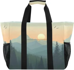 Kigai Mountain Sunset Reusable Grocery Bag with Handles Waterproof Foldable Extra Large Tote Shopping Bag Standing Organizer for Picnics, Beach, Pool, Laundry, Car, Camping