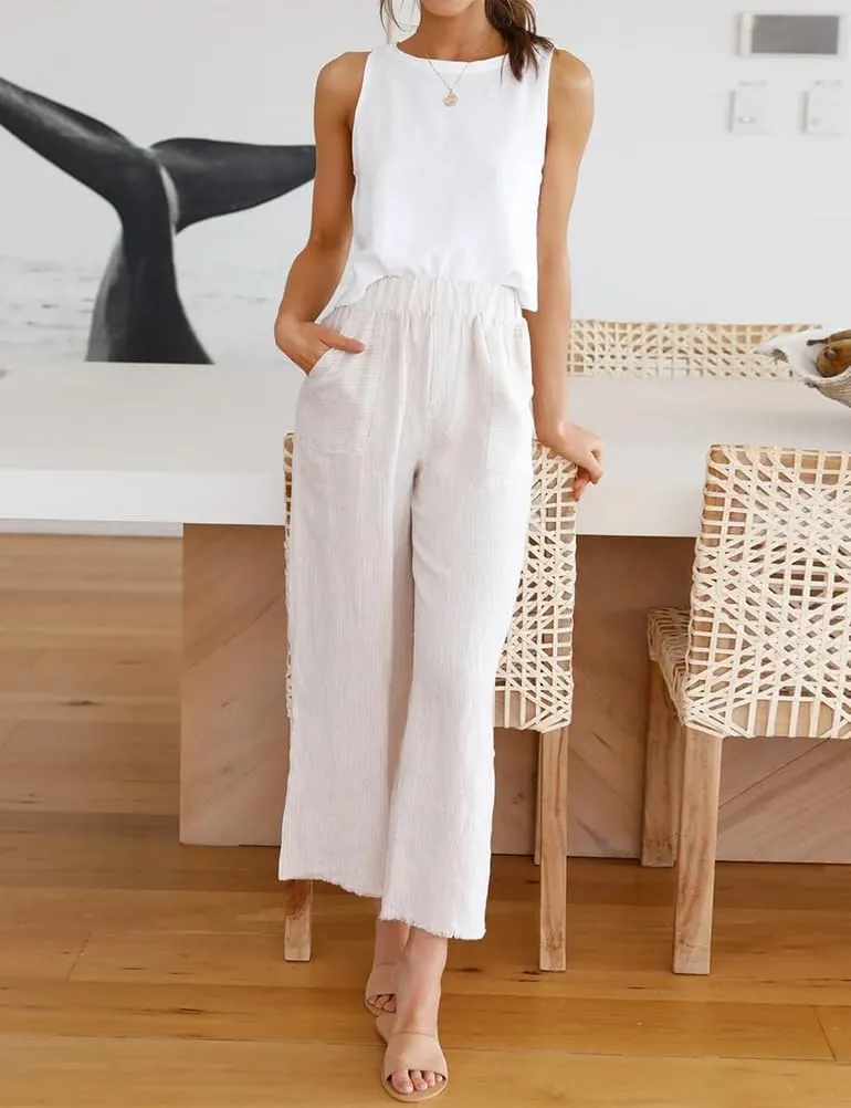 Kinghua Womens Linen Crop Tops Summer Casual Loose Cotton Linen Sleeveless Tank Top