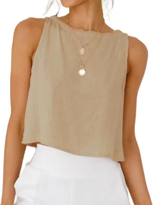 Kinghua Womens Linen Crop Tops Summer Casual Loose Cotton Linen Sleeveless Tank Top