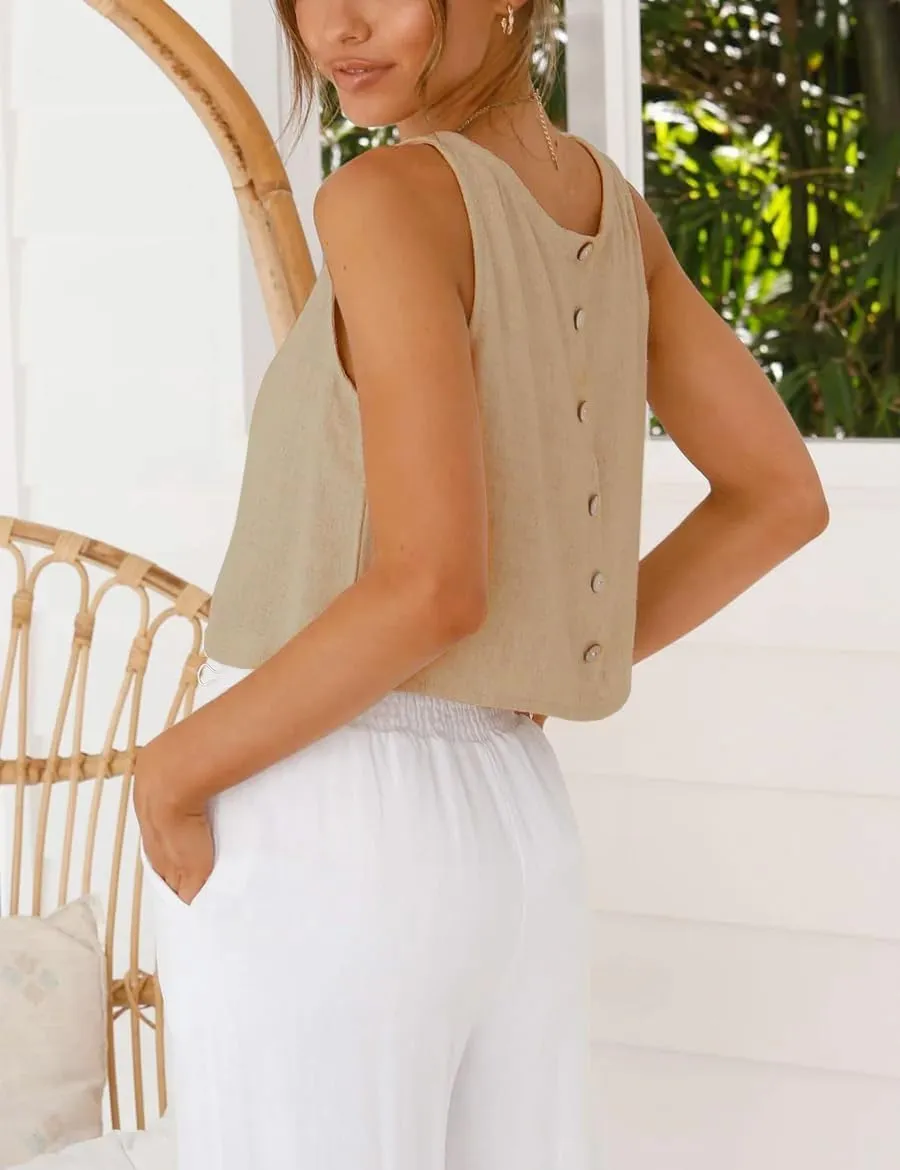 Kinghua Womens Linen Crop Tops Summer Casual Loose Cotton Linen Sleeveless Tank Top