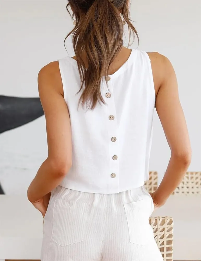 Kinghua Womens Linen Crop Tops Summer Casual Loose Cotton Linen Sleeveless Tank Top