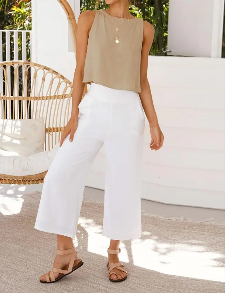 Kinghua Womens Linen Crop Tops Summer Casual Loose Cotton Linen Sleeveless Tank Top