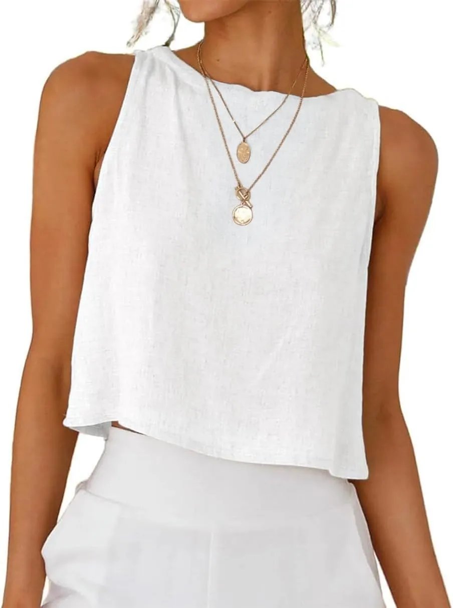 Kinghua Womens Linen Crop Tops Summer Casual Loose Cotton Linen Sleeveless Tank Top