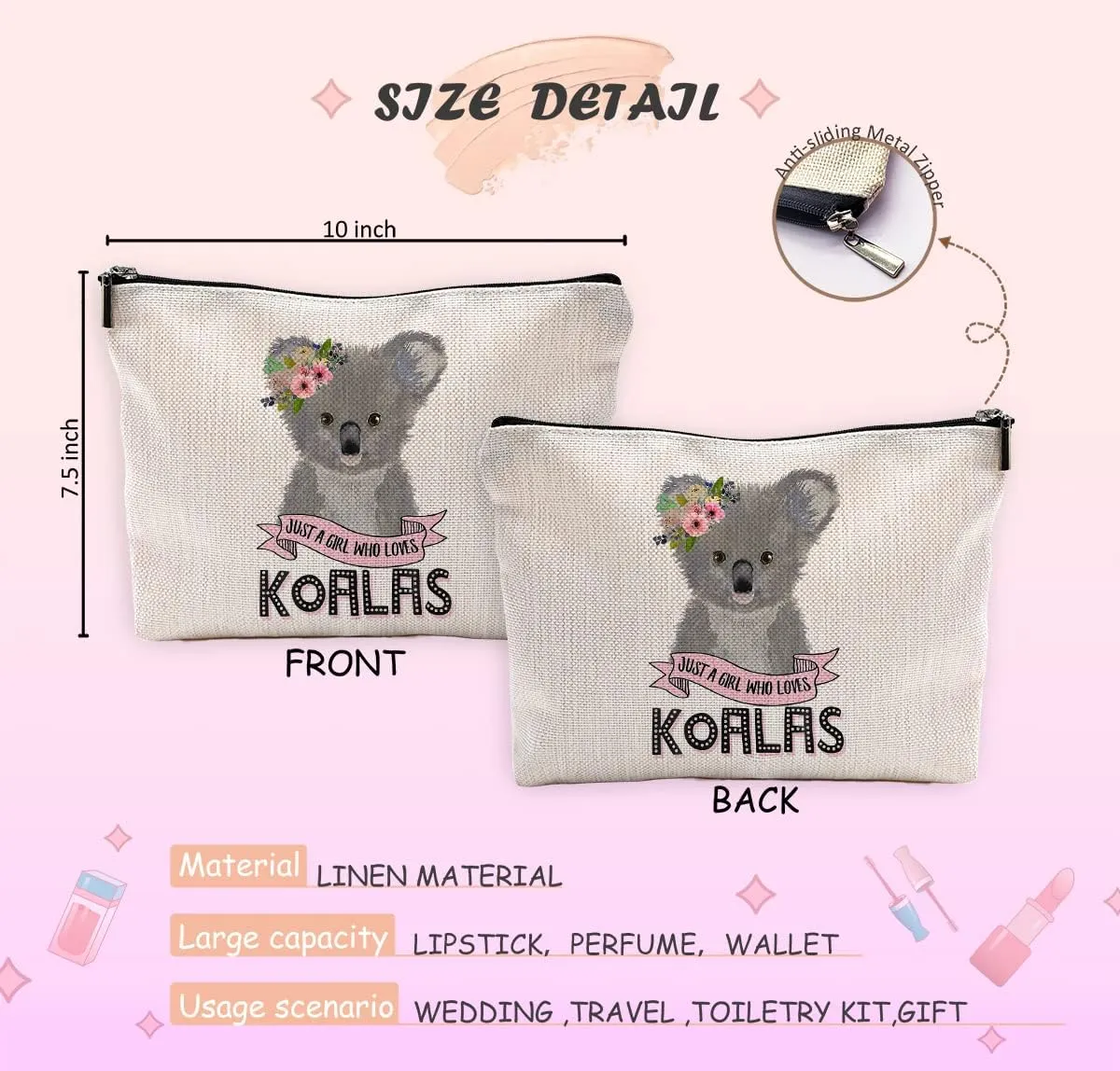 Koala Gifts for Girls Makeup Bag, Just a Girl Who Loves Koalas Small Makeup Cosmetic Bag for Purse, Koala Gifts Cosmetic Bags for Women, Womens Makeup Bag