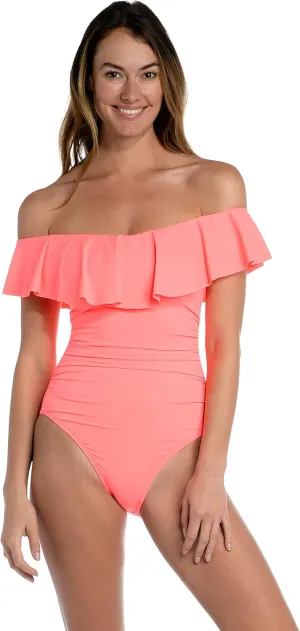 La Blanca Women's One Piece Swimsuit Off Shoulder Ruffle Island Goddess Bathing Suit
