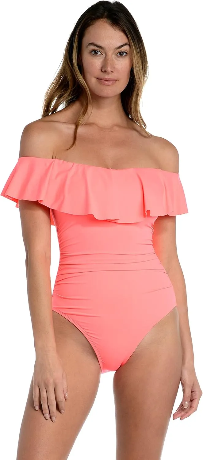 La Blanca Women's One Piece Swimsuit Off Shoulder Ruffle Island Goddess Bathing Suit