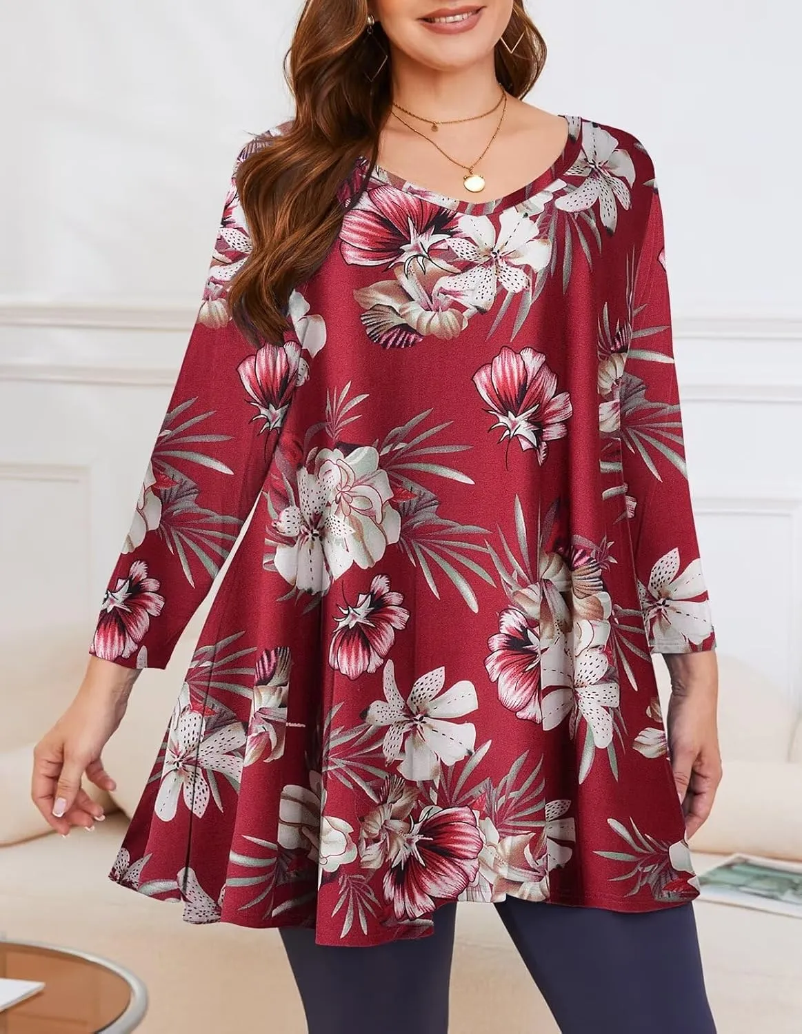 LARACE Tunics 3/4 Sleeve Plus Size Tops for Women V Neck Loose Fit Flowy Clothing for Leggings