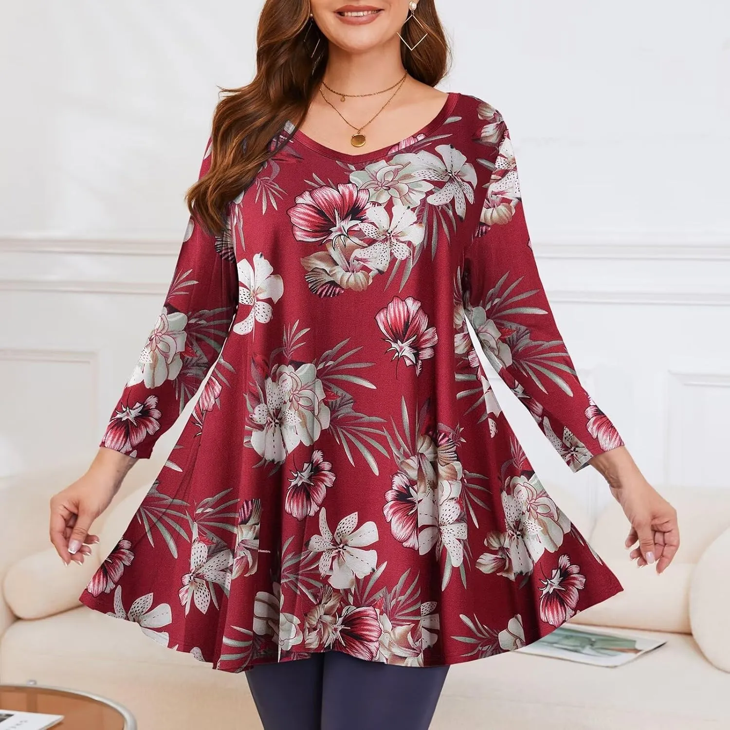 LARACE Tunics 3/4 Sleeve Plus Size Tops for Women V Neck Loose Fit Flowy Clothing for Leggings