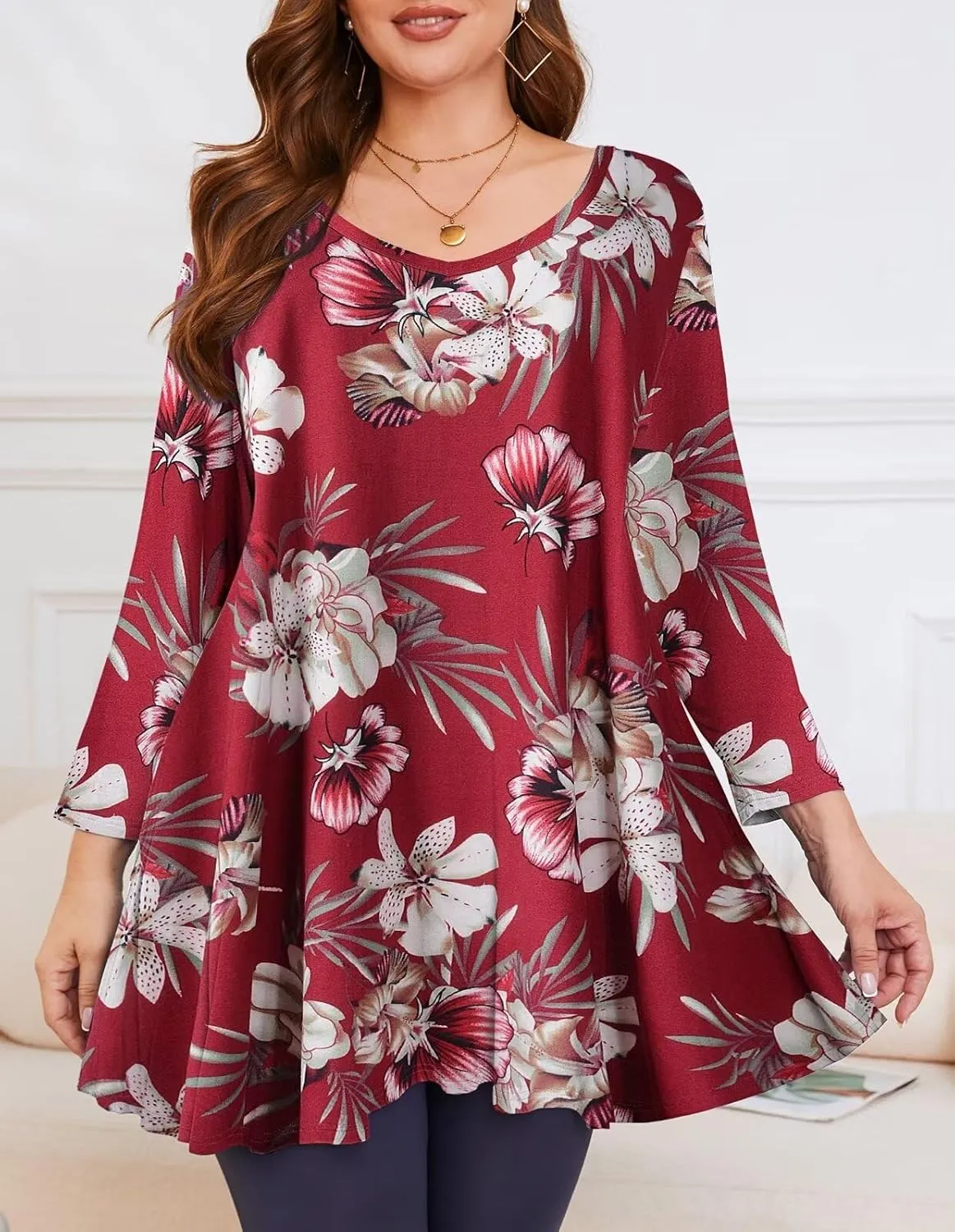 LARACE Tunics 3/4 Sleeve Plus Size Tops for Women V Neck Loose Fit Flowy Clothing for Leggings