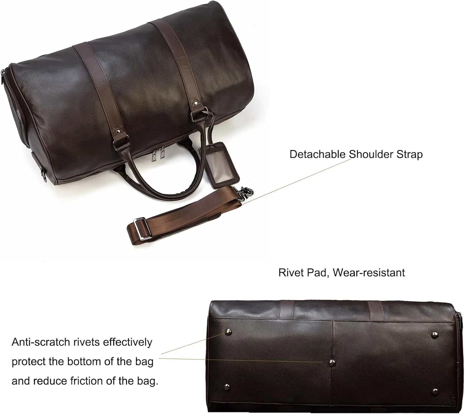 Leather Travel Bag Large Capacity Luggage Duffel Bag with Shoe Compartment, Men Women Weekend Shoulder Handbag for Holiday Business Trip (55cm-Brown)