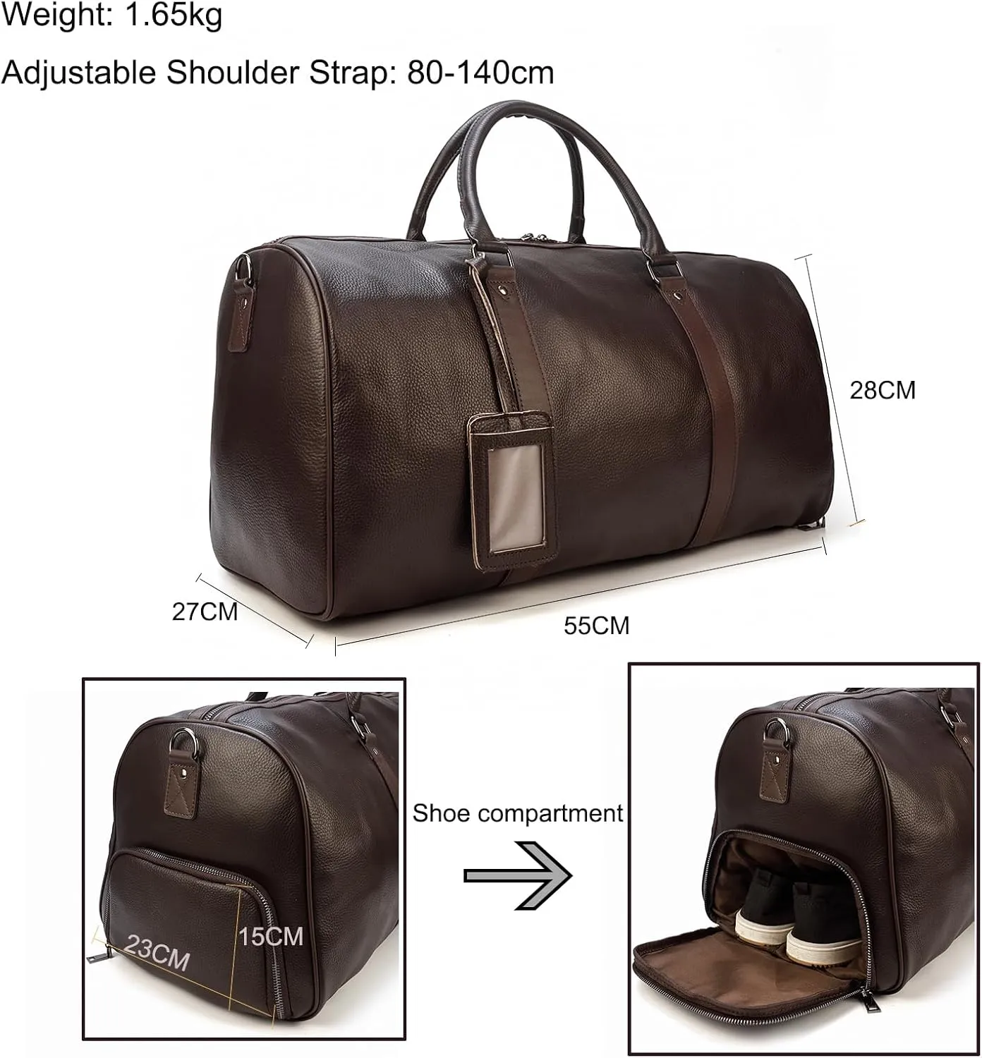Leather Travel Bag Large Capacity Luggage Duffel Bag with Shoe Compartment, Men Women Weekend Shoulder Handbag for Holiday Business Trip (55cm-Brown)
