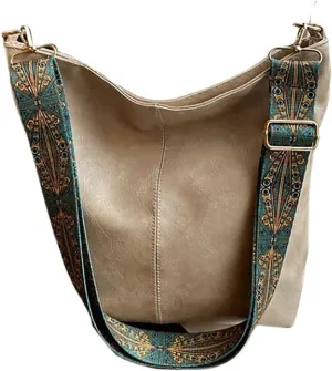 Leather Vintage Solid Color Women Fashion Shoulder Sling Bag High-Capacity Simple Adjustable Wide Strap Bucket Crossbody Bags
