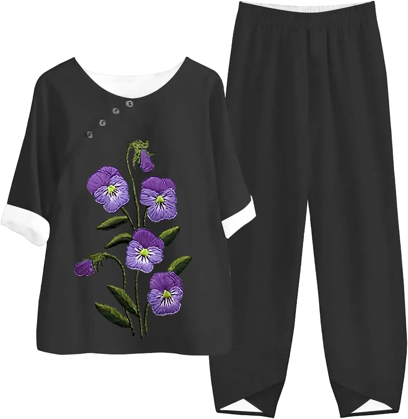 Litetao Workout Sets for Women 2 Piece Alzheimers Awareness Shirts Casual Floral Print Button Linen Shirt Loose Wide Leg Pant