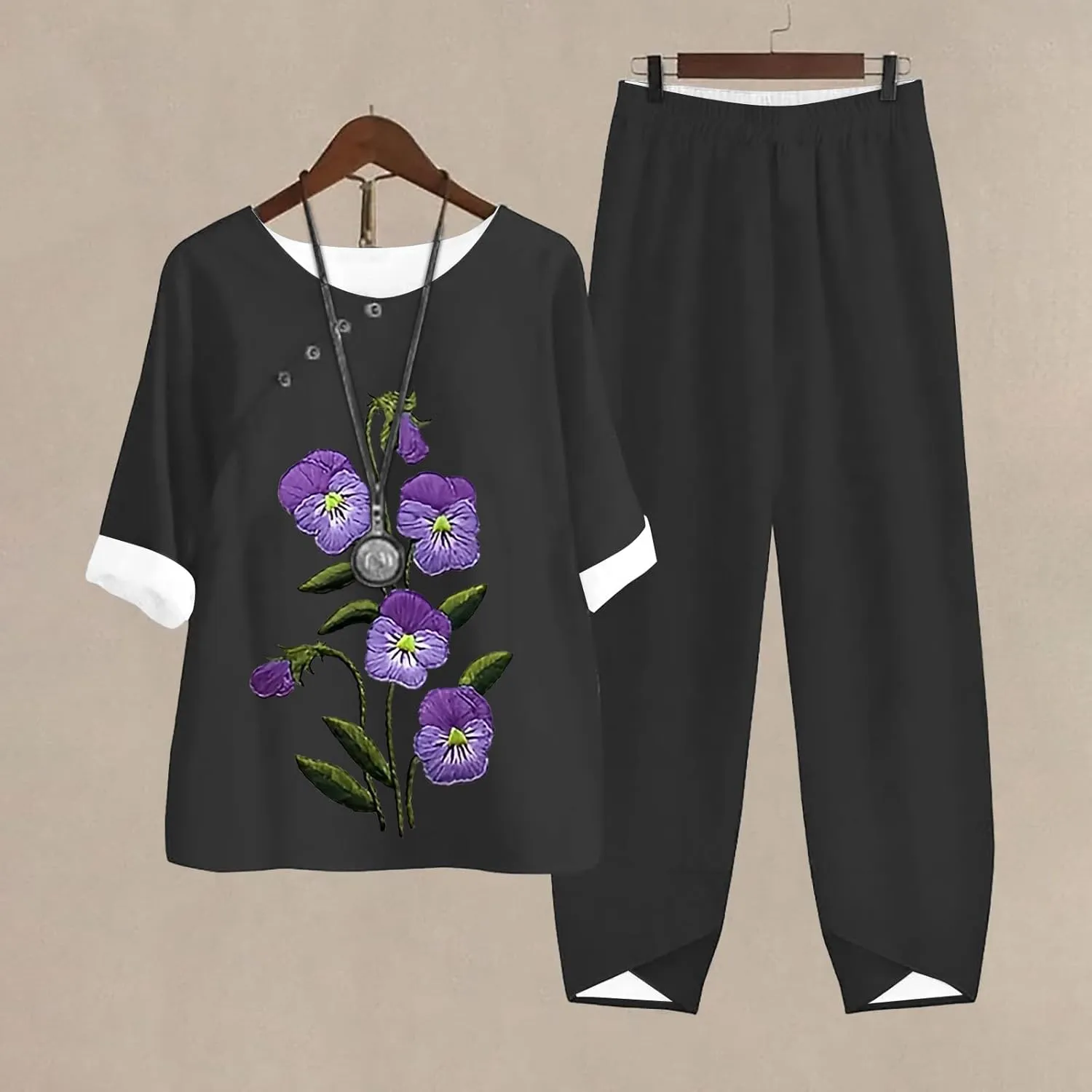 Litetao Workout Sets for Women 2 Piece Alzheimers Awareness Shirts Casual Floral Print Button Linen Shirt Loose Wide Leg Pant