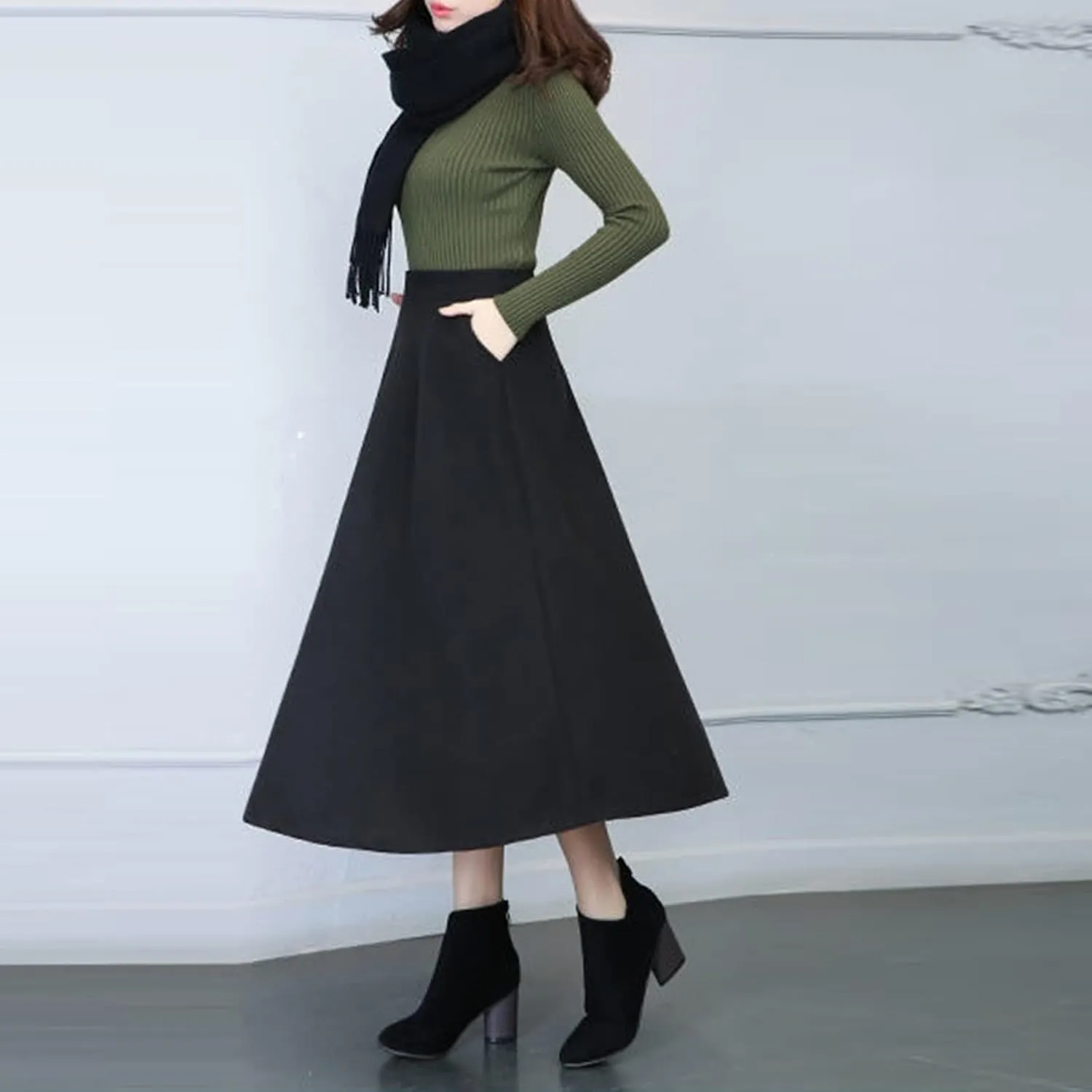 Long Skirts Womens Winter Vintage High Elastic Waist A Line Pleated Wool Midi Skirt Lady Elegant Skirts for Women