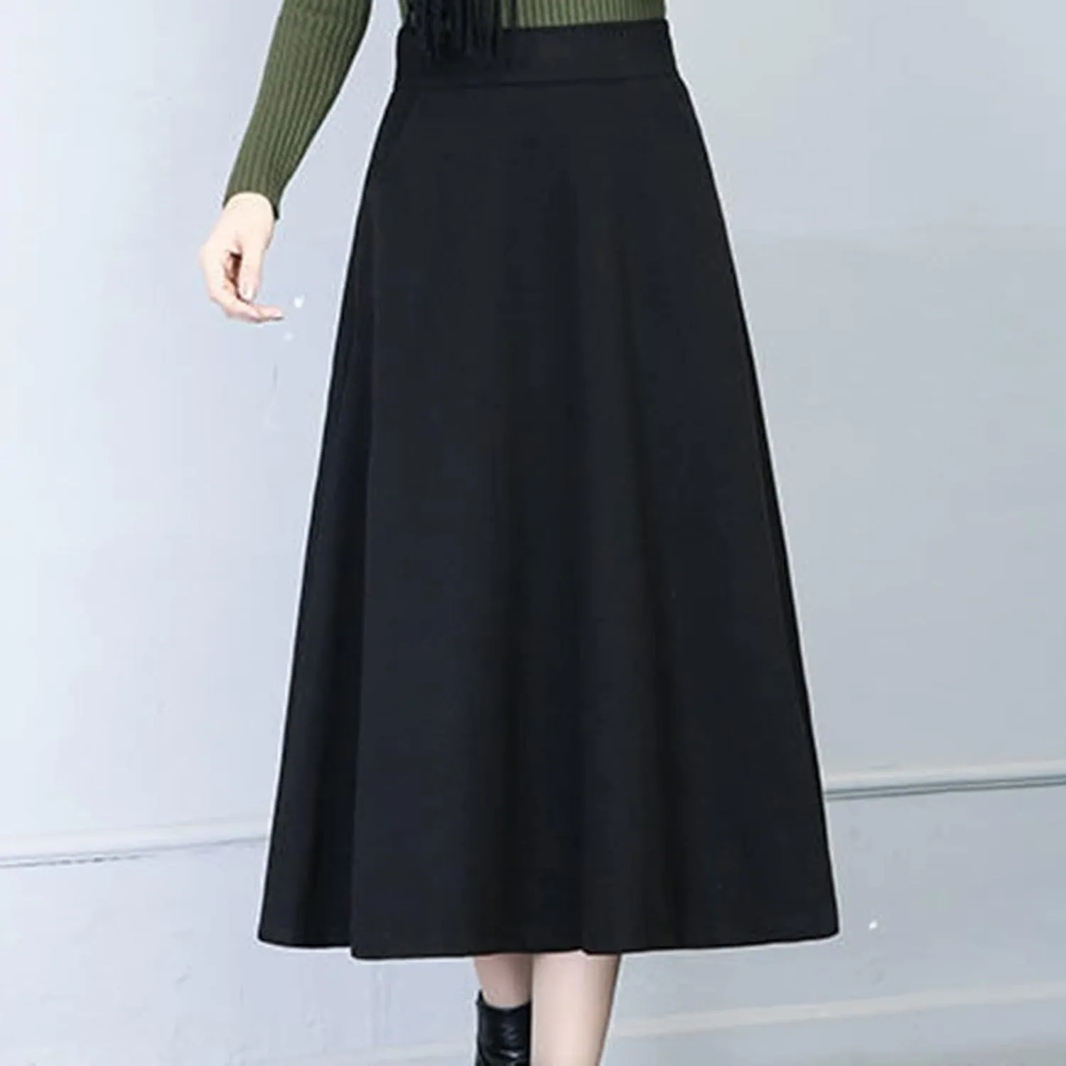 Long Skirts Womens Winter Vintage High Elastic Waist A Line Pleated Wool Midi Skirt Lady Elegant Skirts for Women