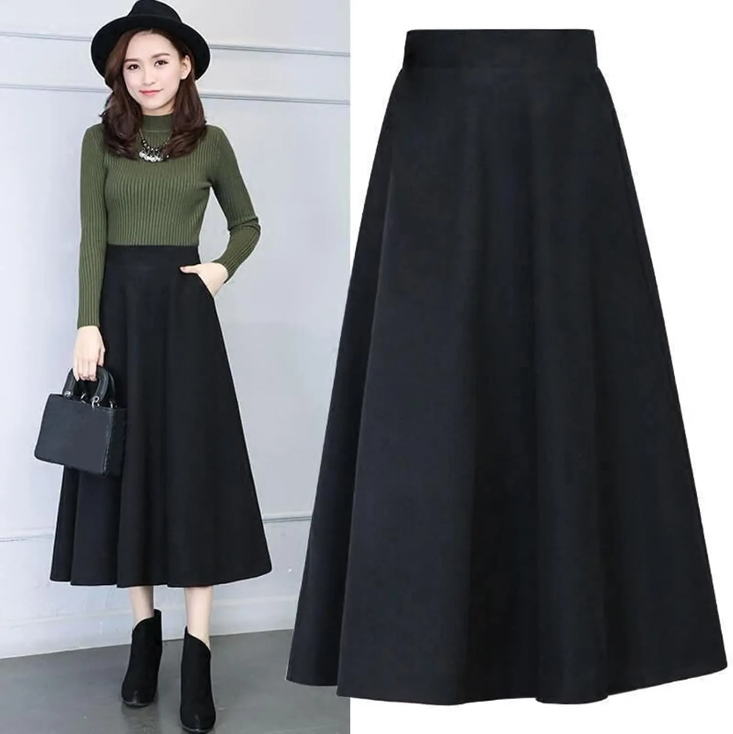 Long Skirts Womens Winter Vintage High Elastic Waist A Line Pleated Wool Midi Skirt Lady Elegant Skirts for Women
