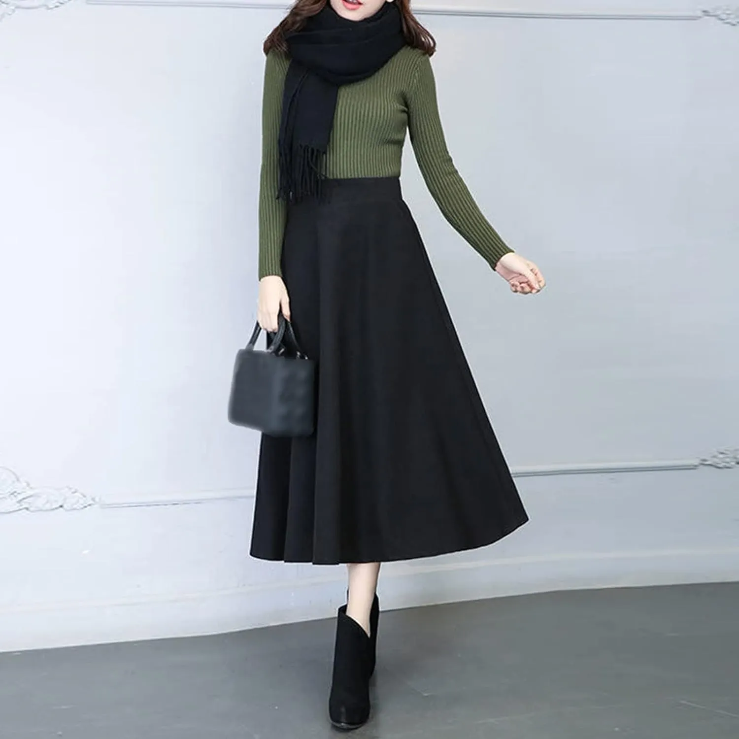 Long Skirts Womens Winter Vintage High Elastic Waist A Line Pleated Wool Midi Skirt Lady Elegant Skirts for Women