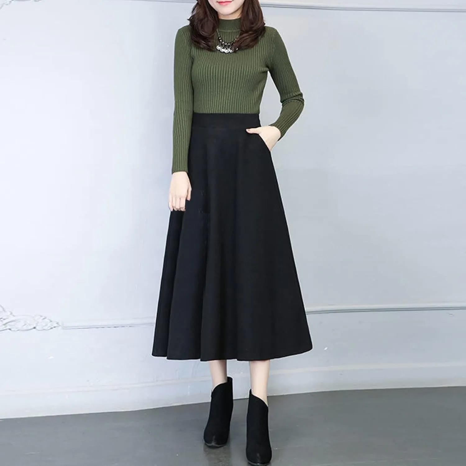 Long Skirts Womens Winter Vintage High Elastic Waist A Line Pleated Wool Midi Skirt Lady Elegant Skirts for Women