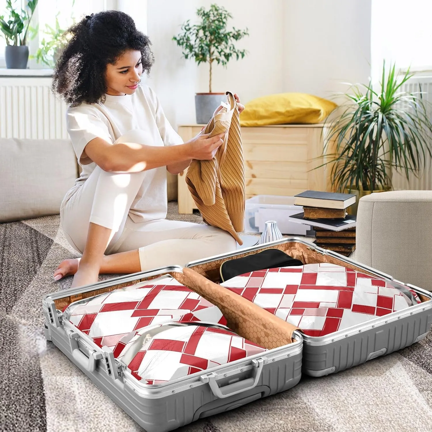 Luggage Space Saver, Organizadores De Maletas Para, White Red, With Zipper, 3 Set Travel Packing Cubes For Suitcases, Garment Bag Closet Storage