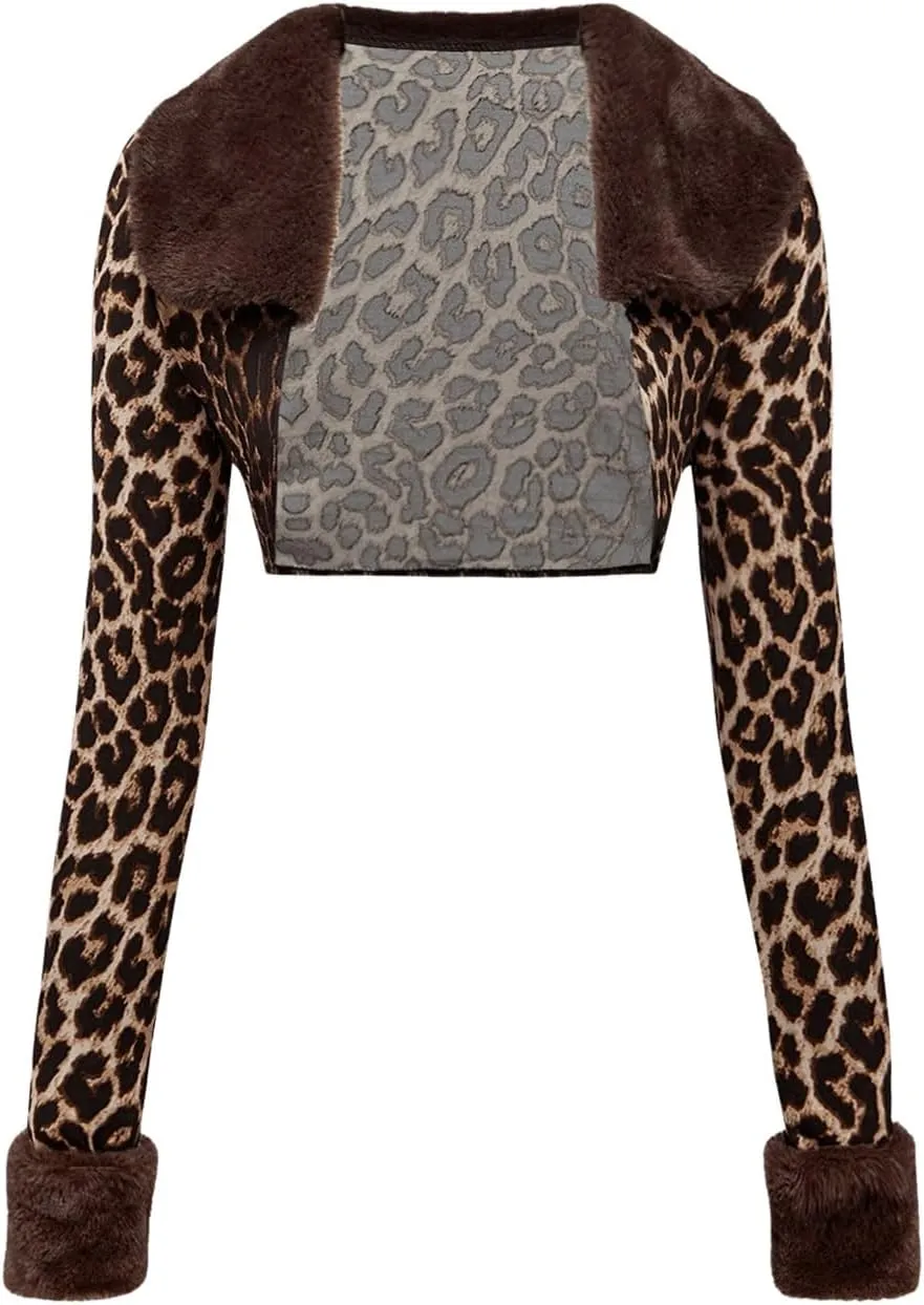 MakeMeChic Women's Cheetah Print Tops Y2K Cardigan Fuzzy Shrugs Open Front Long Sleeve Crop Tops